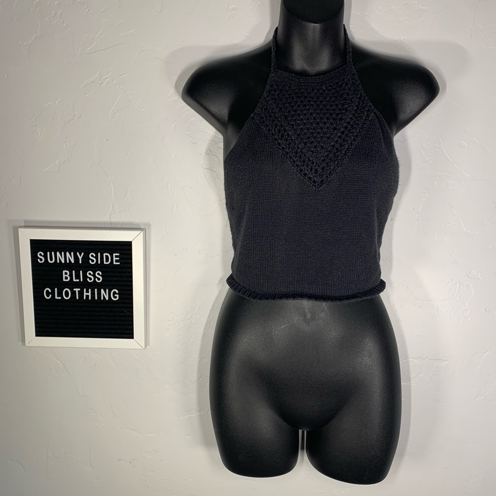 Kendall & Kylie Black Knit Halter Crop Top Open Back Summer Y2K Style Medium